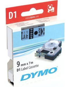 DYMO D1 etikettape standard 9 mm, sort på blå, 7 m rulle (40916)